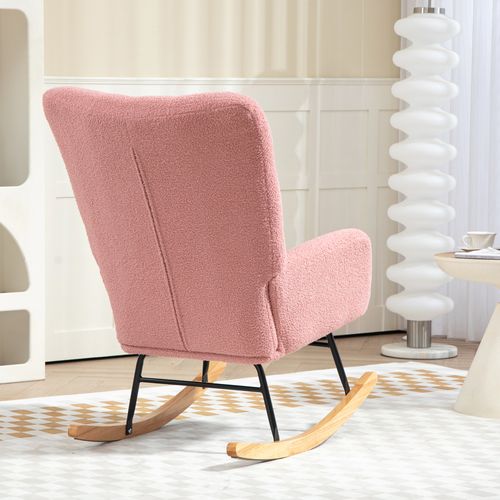 Fauteuil à Bascule Rose - Tissu Teddy Doux - Accoudoirs - Structure Bois - Pour Intérieur