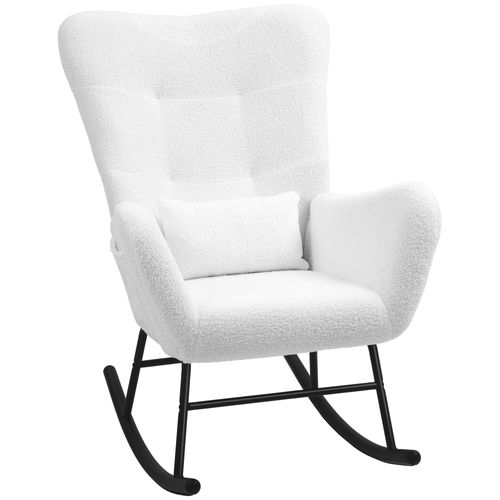 Fauteuil à Bascule Blanc - Tissu Teddy - Accoudoirs, Coussin Lombaire Et Poche Latérale