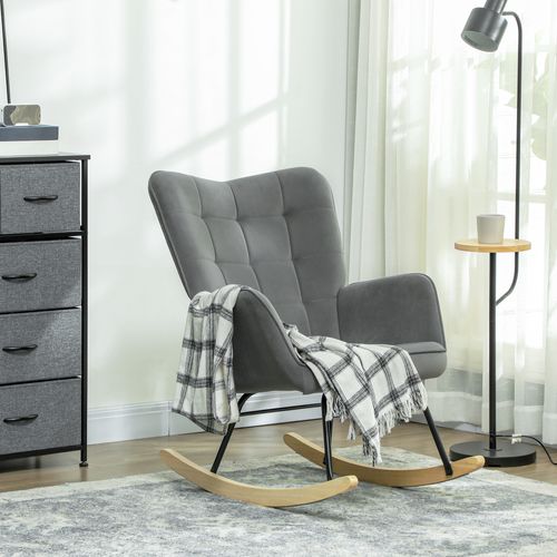 Fauteuil Berceuse Haut De Gamme - Velours Gris Anthracite - Accoudoirs - Bois
