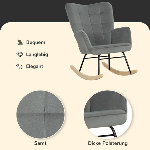 Fauteuil Berceuse Haut De Gamme - Velours Gris Anthracite - Accoudoirs - Bois