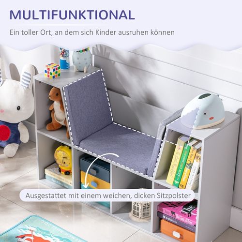 Meuble De Rangement Enfant 6 Cases Avec Banc Et Coussins, Gris, 103x30x62 Cm