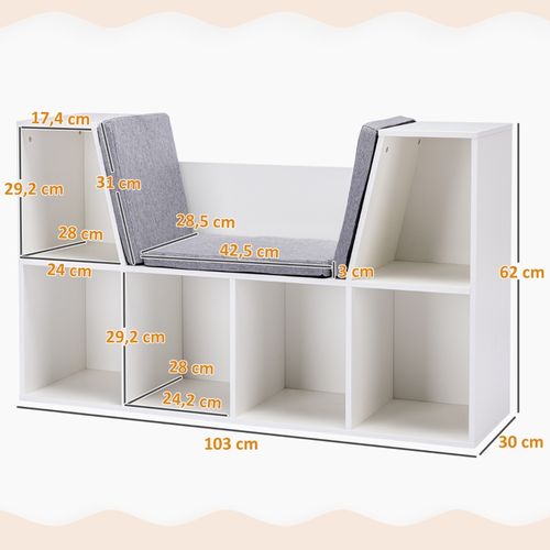 Bibliothèque Enfant Avec Tabouret, 6 Compartiments, 3 Coussins, Blanc + Gris, 103 X 30 X 62 Cm
