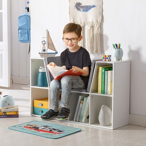 Bibliothèque Enfant Avec Tabouret, 6 Compartiments, 3 Coussins, Blanc + Gris, 103 X 30 X 62 Cm