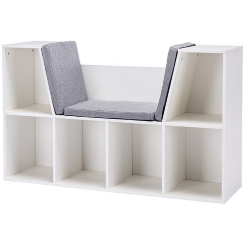 Bibliothèque Enfant Avec Tabouret, 6 Compartiments, 3 Coussins, Blanc + Gris, 103 X 30 X 62 Cm