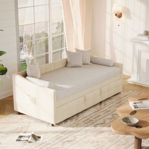 Lit Gigogne 90/180x200 Cm, Sommier à Lattes, Velours, Beige