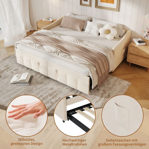 Lit Gigogne 90/180x200 Cm, Sommier à Lattes, Velours, Beige