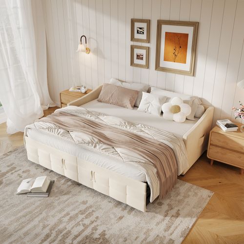 Lit Gigogne 90/180x200 Cm, Sommier à Lattes, Velours, Beige