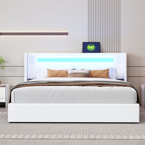 Lit Rembourré 160x200 Cm Avec Bande Lumineuse LED, Lecteur Bluetooth Et Chargement USB,blanc