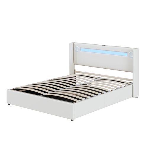 Lit Rembourré 160x200 Cm Avec Bande Lumineuse LED, Lecteur Bluetooth Et Chargement USB,blanc