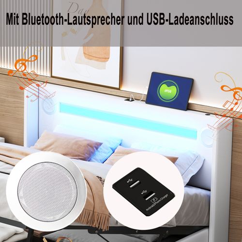 Lit Rembourré 160x200 Cm Avec Bande Lumineuse LED, Lecteur Bluetooth Et Chargement USB,blanc