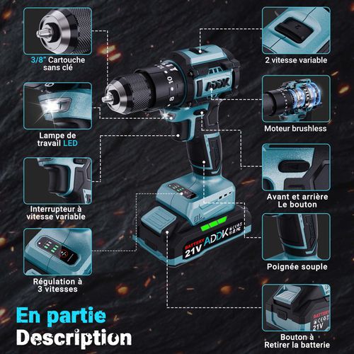 Perceuse Sans Fil 21 V, 24 + 3 Réglages, 3 Vitesses, Max. 40 Nm, Indicateur LED