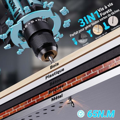 Perceuse Sans Fil 21 V, 24 + 3 Réglages, 3 Vitesses, Max. 40 Nm, Indicateur LED