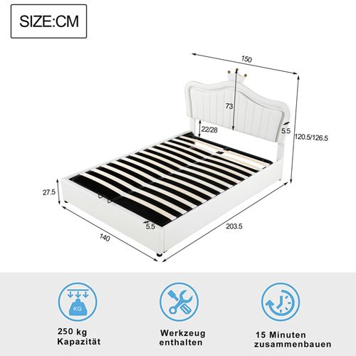 Lit Capitonné 140 X 200 Cm, Tête De Lit Couronne, Avec Éclairage LED, Sommier à Lattes, Blanc