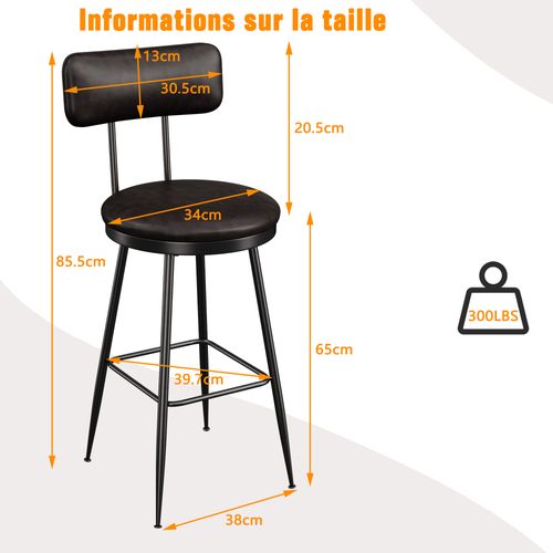 Lot De 4 Tabourets De Bar Avec Dossier Et Assise Rembourrée, En Cuir Pu, Hauteur 65 Cm, Noir