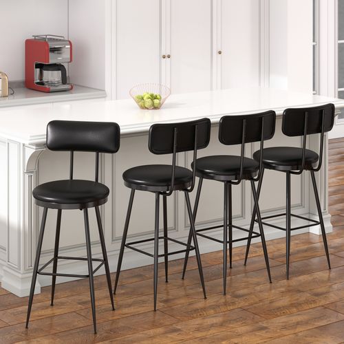 Lot De 4 Tabourets De Bar Avec Dossier Et Assise Rembourrée, En Cuir Pu, Hauteur 65 Cm, Noir