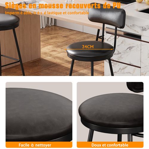 Lot De 4 Tabourets De Bar Avec Dossier Et Assise Rembourrée, En Cuir Pu, Hauteur 65 Cm, Noir