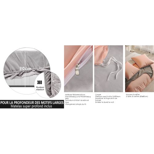 Parure De Lit 4 Pièces 140x200 Cm-housse De Couette,drap Housse,2 Taies D'oreiller-rose+gris Clair