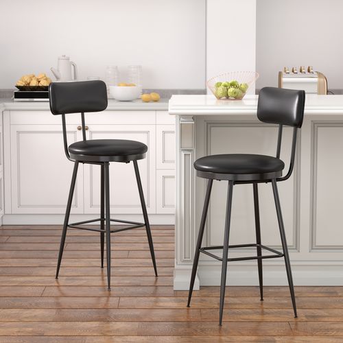 Ensemble De 2 Tabourets De Bar Avec Dossier Et Repose-pieds, Revêtement Pu, Hauteur 65 Cm, Noir