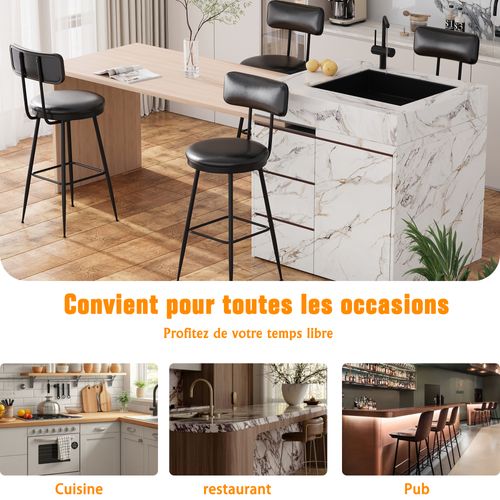 Ensemble De 2 Tabourets De Bar Avec Dossier Et Repose-pieds, Revêtement Pu, Hauteur 65 Cm, Noir