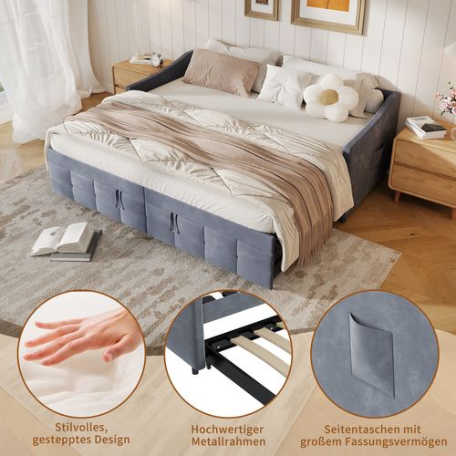 Lit Gigogne 90/180x200 Cm, Sommier à Lattes, Velours, Gris