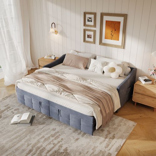 Lit Gigogne 90/180x200 Cm, Sommier à Lattes, Velours, Gris