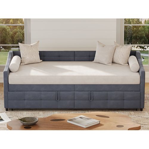 Lit Gigogne 90/180x200 Cm, Sommier à Lattes, Velours, Gris