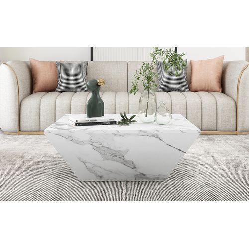 Table Basse Trapézoïdale Moderne, Placage De Marbre Blanc, Table à Manger De Salon, 70*70*37cm