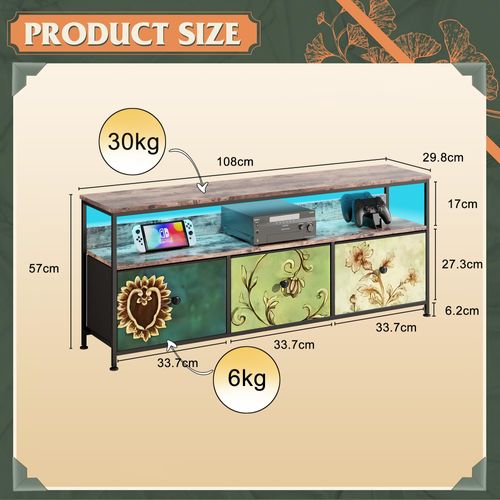 Meuble TV Avec Éclairage LED 108 X 30 X 57 Cm, 3 Tiroirs, Compartiments Ouverts, Pour Le Salon