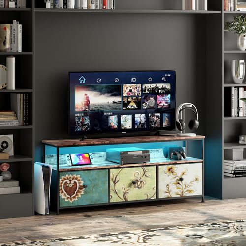 Meuble TV Avec Éclairage LED 108 X 30 X 57 Cm, 3 Tiroirs, Compartiments Ouverts, Pour Le Salon