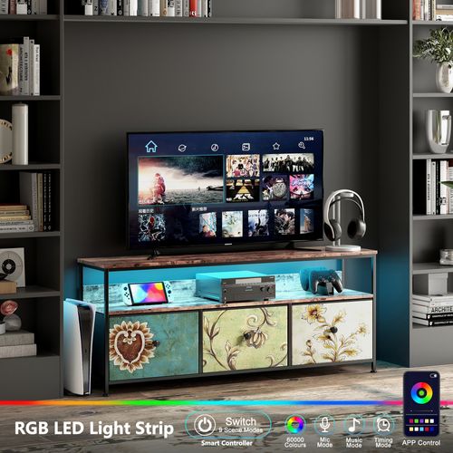 Meuble TV Avec Éclairage LED 108 X 30 X 57 Cm, 3 Tiroirs, Compartiments Ouverts, Pour Le Salon