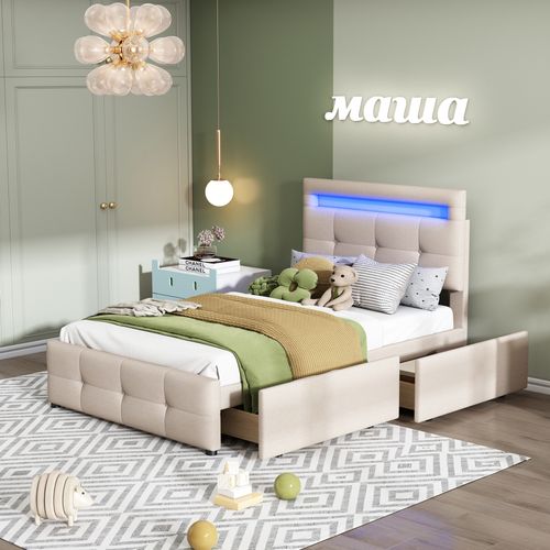 Lit Rembourré 90*200cm, Avec Éclairage LED, 2 Tiroirs, Lin Doux Pour La Peau,beige