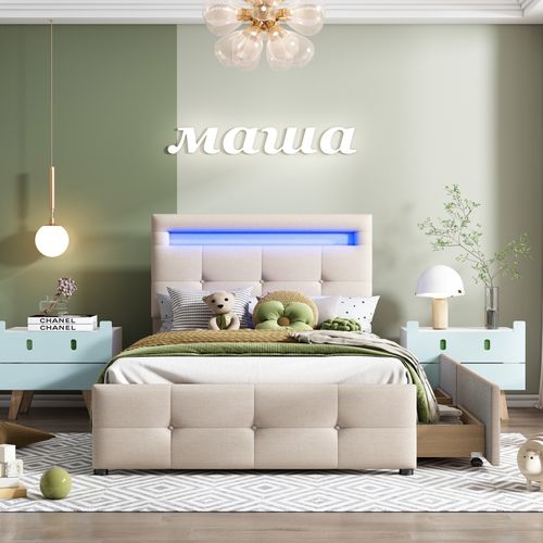 Lit Rembourré 90*200cm, Avec Éclairage LED, 2 Tiroirs, Lin Doux Pour La Peau,beige