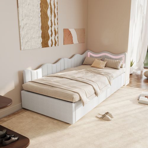 Lit Capitonné 90x200cm, Avec Éclairage LED Et Sommier à Lattes, Velours, Blanc