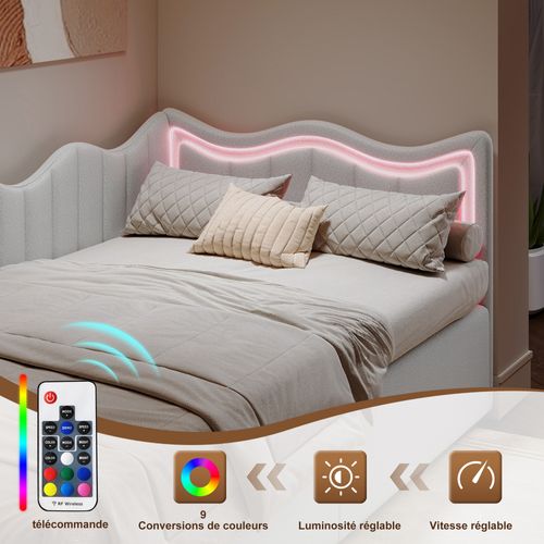 Lit Capitonné 90x200cm, Avec Éclairage LED Et Sommier à Lattes, Velours, Blanc