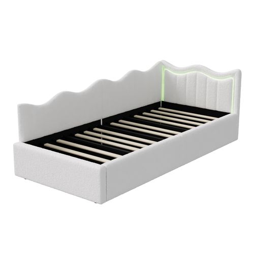 Lit Capitonné 90x200cm, Avec Éclairage LED Et Sommier à Lattes, Velours, Blanc