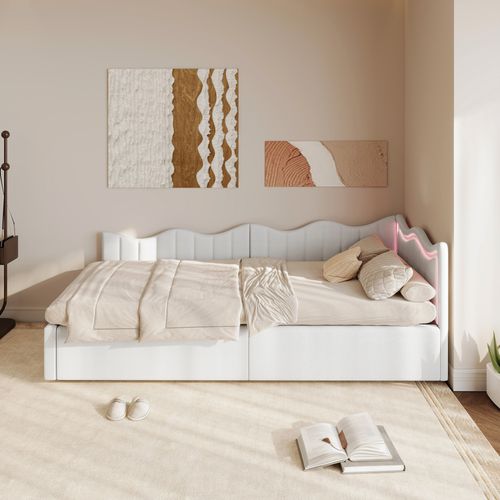 Lit Capitonné 90x200cm, Avec Éclairage LED Et Sommier à Lattes, Velours, Blanc