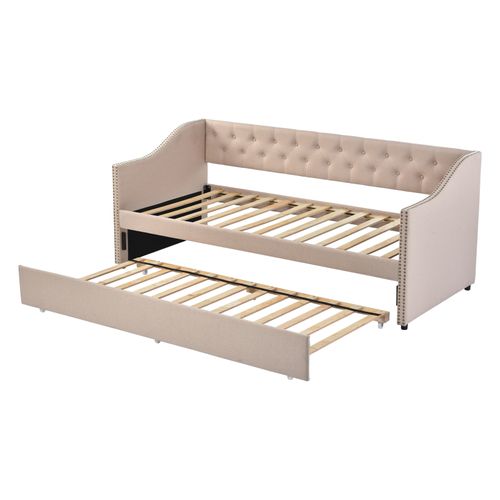 Lit Gigogne 90x200 Cm, Lin Résistant, Beige