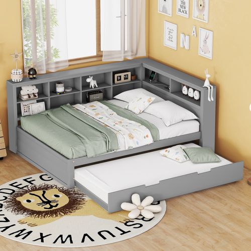 Lit Gigogne Enfant 140x200 Cm - Avec Port USB Et Rangements, Gris