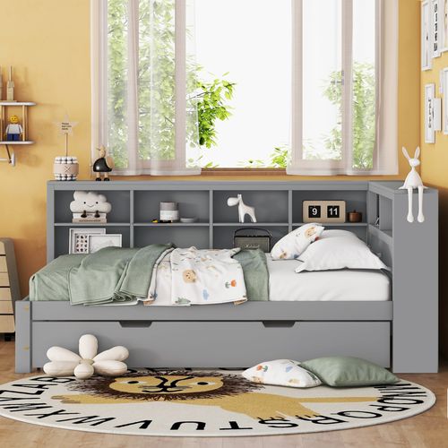 Lit Gigogne Enfant 140x200 Cm - Avec Port USB Et Rangements, Gris
