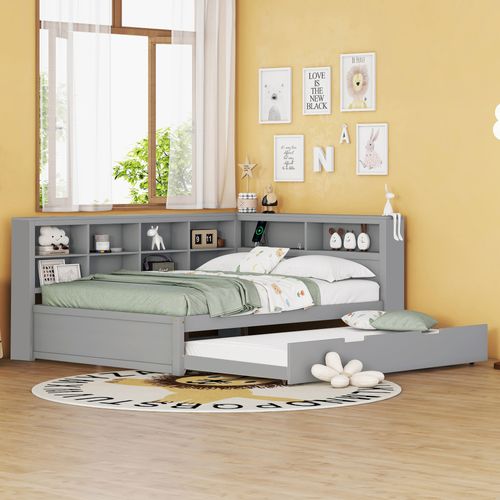 Lit Gigogne Enfant 140x200 Cm - Avec Port USB Et Rangements, Gris