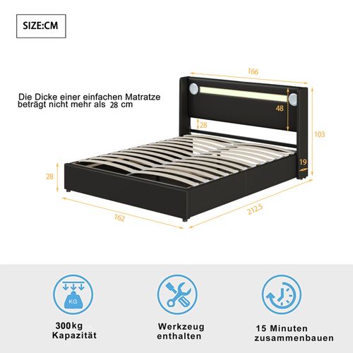 Lit Rembourré 160x200 Cm Avec Bande Lumineuse LED, Lecteur Bluetooth Et Chargement USB, Noir