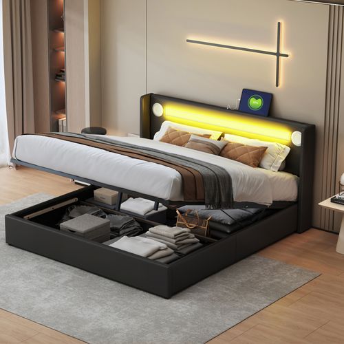 Lit Rembourré 160x200 Cm Avec Bande Lumineuse LED, Lecteur Bluetooth Et Chargement USB, Noir