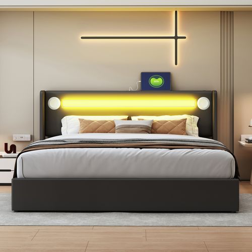 Lit Rembourré 160x200 Cm Avec Bande Lumineuse LED, Lecteur Bluetooth Et Chargement USB, Noir