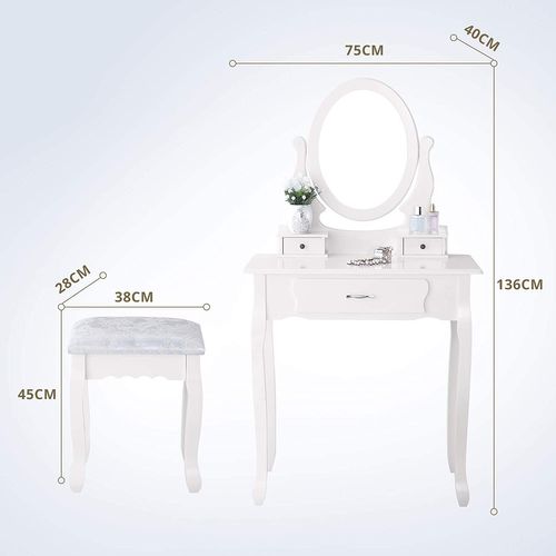 Coiffeuse Blanche Moderne Avec 3 Tiroirs Et Miroir Ovale 360° Avec Pouf Pour Chambre