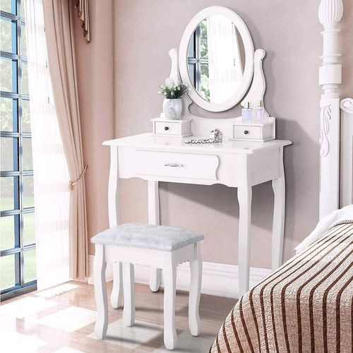 Coiffeuse Blanche Moderne Avec 3 Tiroirs Et Miroir Ovale 360° Avec Pouf Pour Chambre