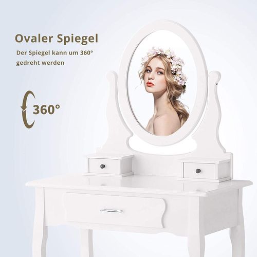 Coiffeuse Blanche Moderne Avec 3 Tiroirs Et Miroir Ovale 360° Avec Pouf Pour Chambre