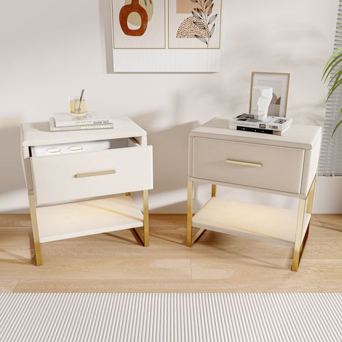 Lot De 2 Chevets Avec Poignées Et Pieds Dorés, 40 X 31 X 50 Cm, Beige