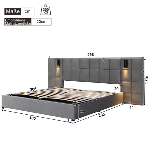 Lit Coffre Rembourré 180 X 200 Cm Avec Éclairage LED Et Chargement USB, Structure En Acier, Gris
