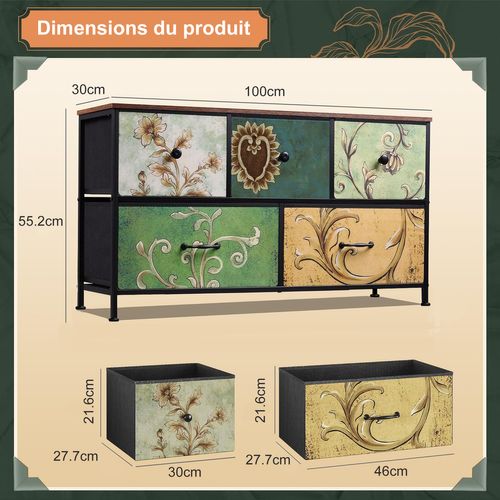 Commode Vintage, Structure En Métal, Plateau En Mdf - 100 X 55.2 X 30 Cm - Avec 5 Tiroirs