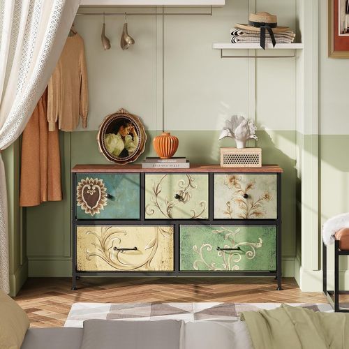 Commode Vintage, Structure En Métal, Plateau En Mdf - 100 X 55.2 X 30 Cm - Avec 5 Tiroirs